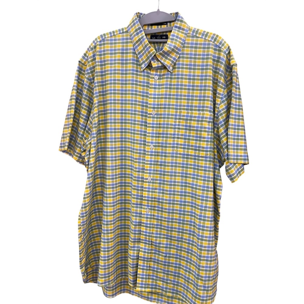Lands End Mens 17.5 Supima No Iron Oxford Shirt Short Sleeve Plaid Yellow Blue